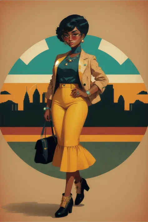 a woman in yellow skirt and jacket standing in front of a city