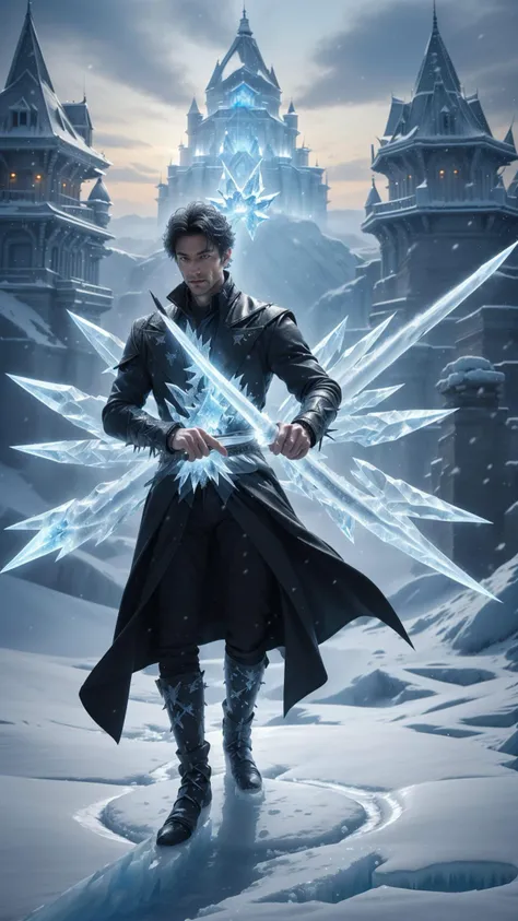 1man holding a ice sword, black jacket, look at viewer, <lora:Concept - Cryomancer:0.4>, ice-flurry, snow, ice-shard, ice, crystal, magic, dynamic pose, fighting stance, casting spell, detailed glow,detailed ice,detailed water, floating_palaces