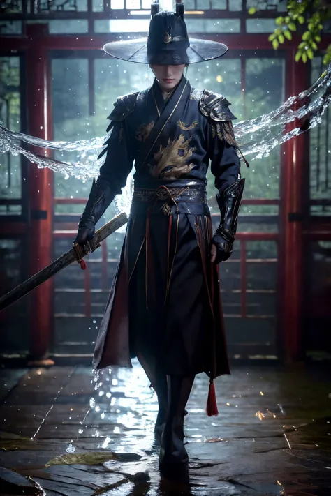 xuer Embroidered Uniform Guard,solo focus,wearing embroidery traditional chinse suit,Dynamic Angle,Perspective,black hat,
1boy,solo,the_best_light,handsome_male,facing viewer,holding sword,black gloves,shoulder armor,(full body:1.1),
(Real water,Realistic ...