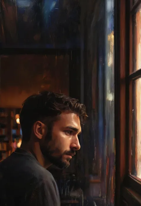 painting of a man looking out a window at a book shelf