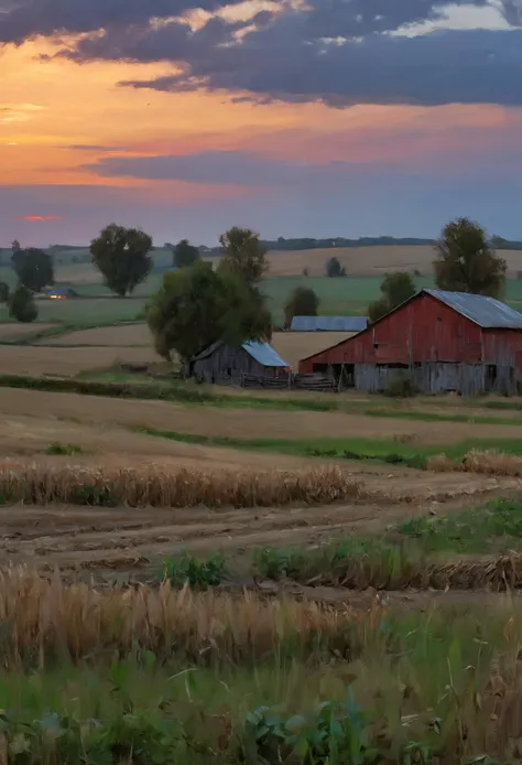 arafed barn in a field with a sunset in the background