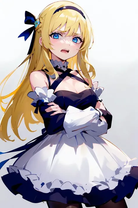 ultra detailed, masterpiece, best quality,
solo, 1girl, blue eyes, very long hair, blonde hair, long blonde hair, french braid, bangs, medium breasts,
hair ribbon, frilled choker, criss-cross halter, sleeveless dress, high-waist skirt, backless dress, wais...