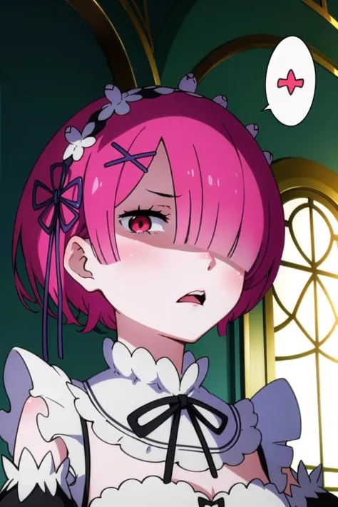 ((best quality)), ((masterpiece)), (detailed),  <lora:Oni_Sisters_v2-000026:0.9>, ramchi, red eyes, hair over one eye, maid, purple ribbon, maid headdress, roswaal mansion maid uniform, detached sleeves, disgusted face, looking at viewer, portrait, shaded ...