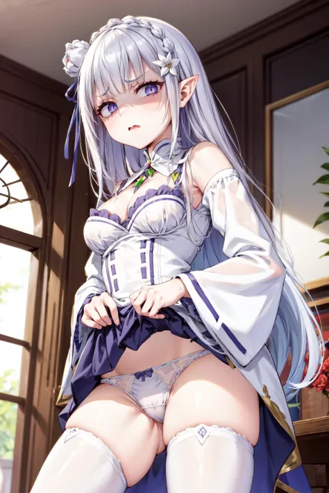 masterpiece,best quality,1girl,emilia,hair flower,low-tied long hair,braid,pointy ears,eyeliner,eyeshadow,eyelashes,white dress,cleavage,pleated skirt,wide sleeves,white thighhighs,lace panties,(shaded face),constricted pupils,(disgusted face),(disgust),sk...