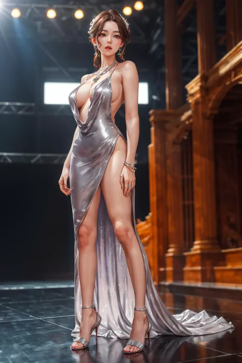 highres,absurdres,masterpiece,best quality,original,extremely detailed CG,extremely detailed wallpaper,perfect lighting,blurry background,Standing on the stage,front view,
<lora:LWclothLora:0.7>,LuxuriousWheelsCostume,silver dress,