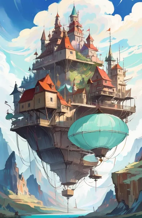 a painting of a castle floating in the sky with a balloon