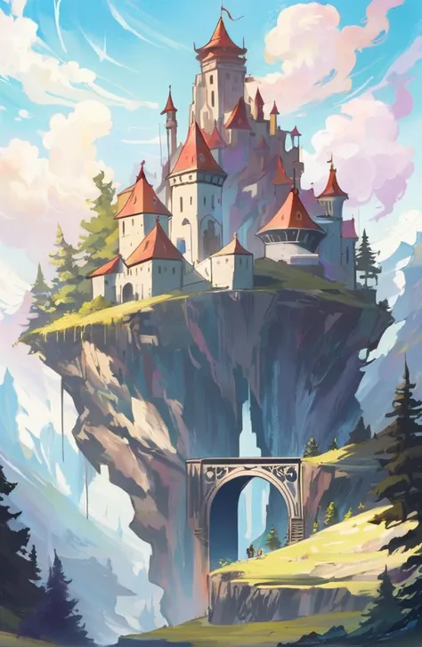 a painting of a castle on a cliff with a bridge