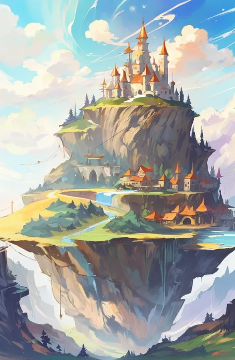 a painting of a castle on a cliff with a river below