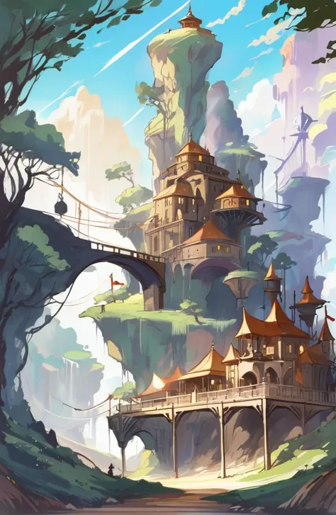 a painting of a castle in the middle of a forest