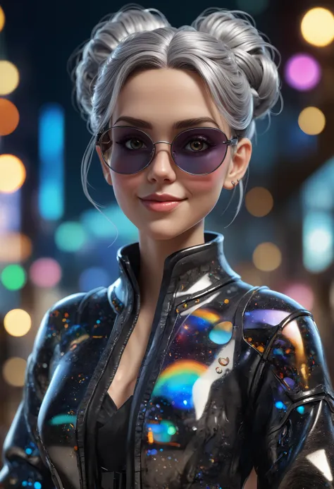 a woman in a black leather jacket and sunglasses standing in front of a city