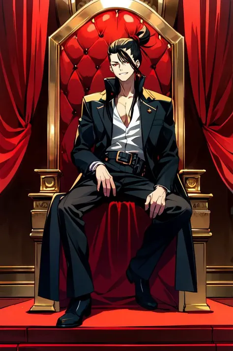 <lora:Daisuke Ishiwatari:0.55>, ultra detailed, masterpiece, best quality, solo, smug smile, sitting, arm rest, head on hand, throne room, red banner, black and red theme, 1boy, red eyes, <lora:Tsurime3:1>, (tsurime:1.2), black hair, undercut, top knot, pa...