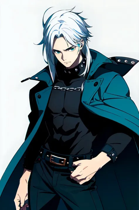 <lora:Daisuke Ishiwatari:0.55>, ultra detailed, masterpiece, best quality, solo, 1boy, teal eyes, <lora:Tsurime3:1>, (tsurime:1.2), parted bangs, white hair, medium hair, straight hair, shoulder-length hair, male focus, coat, shirt, pants, studded belt, mu...