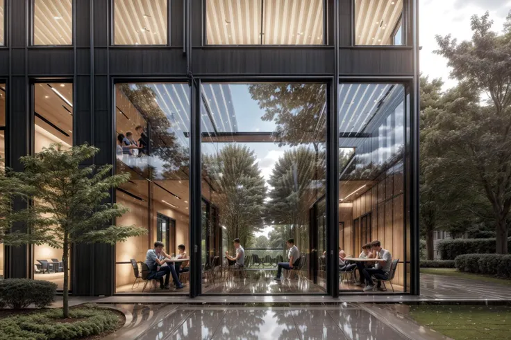 a view of a building with a glass wall and a reflection of people sitting at tables