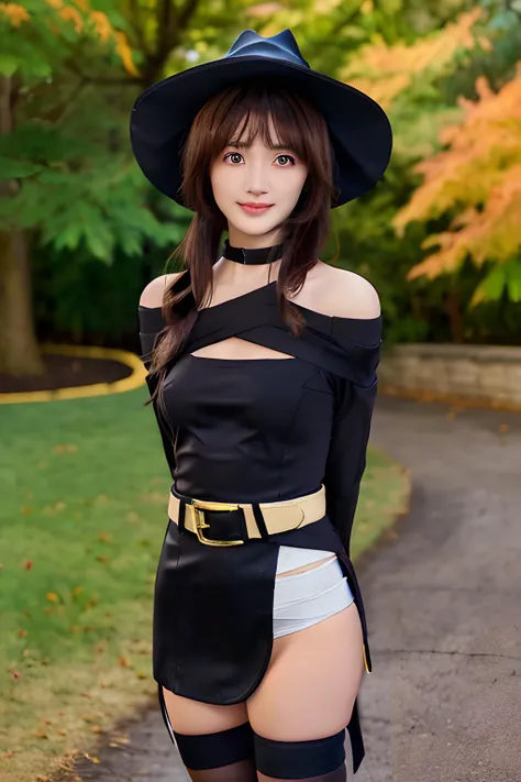 megumin, kono subarashii sekai ni shukufuku wo!, 1girl, solo, standing, looking at viewer, hat, witch hat, brown hair, short hair with long locks, red eyes, blush, evil grin, black choker, collarbone, flat chest, off-shoulder dress, dress, red dress, brown...