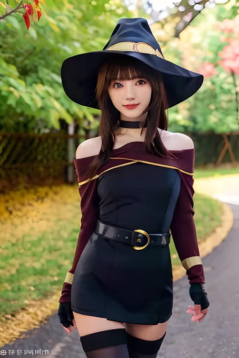 megumin, kono subarashii sekai ni shukufuku wo!, 1girl, solo, standing, looking at viewer, hat, witch hat, brown hair, short hair with long locks, red eyes, blush, evil grin, black choker, collarbone, flat chest, off-shoulder dress, dress, red dress, brown...