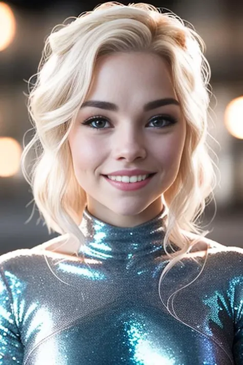 an extreme closeup movie still, directed by Denis Villeneuve, of eliselastnamesd15 (wearing a sparkling minidress), standing in front of a huge block of ice, (icy lighting), (smiling:1.1), (eye contact:1.2)