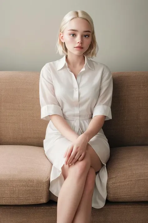 eliselastnamesd15 ,blonde,(oversized white dress-shirt,couch:1.2),on tip toes,style by Dan Winters,RAW photography,film grain,photo taken with a Bolex H16,RAW,color graded portra 400 film,remarkable color,realistic dull skin noise,analog style,highest qual...