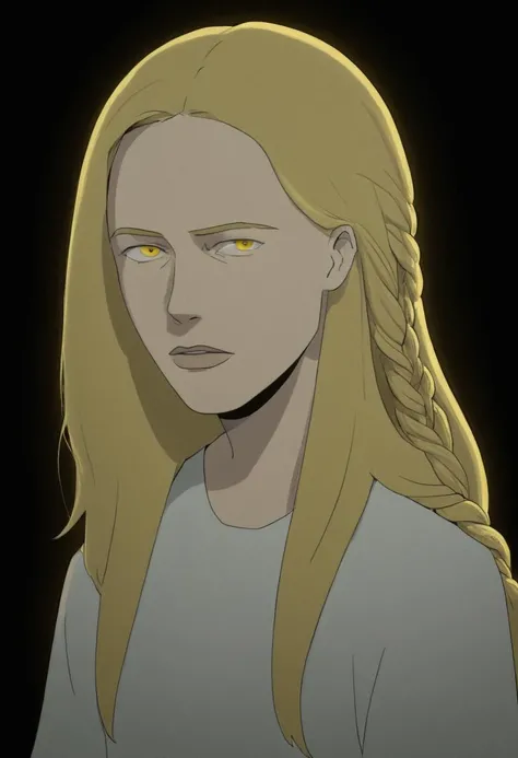 Flat 2D Art, miquella, 1boy solo, long hair, looking at viewer, blonde hair, simple background, long sleeves, 1boy, very long hair, yellow eyes, upper body, braid, male focus, parted lips, black background, multiple braids, simple flat color, 2-dimensional...