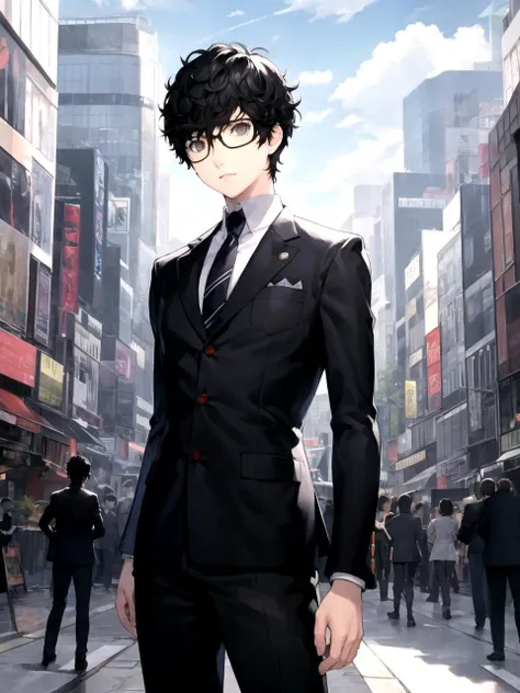 anime man in suit and tie standing in a city street