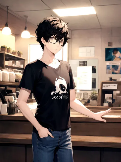 anime boy in a black shirt and jeans standing in a coffee shop