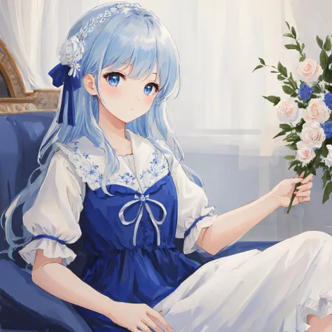 anime girl with blue hair sitting on a blue chair holding a bouquet of flowers