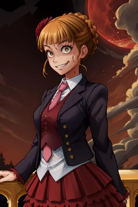 masterpiece,best quality,1girl,beatrice,human dress,jacket,pink necktie,hair flower,skirt,crazy eyes,troll face,crazy smile,constricted pupils,red sky,red moon,from side,<lora:CHAR-Umineko-Beatrice-SOSDAN:0.8>,<lora:constricted_pupils_v0.2a:0.6>,