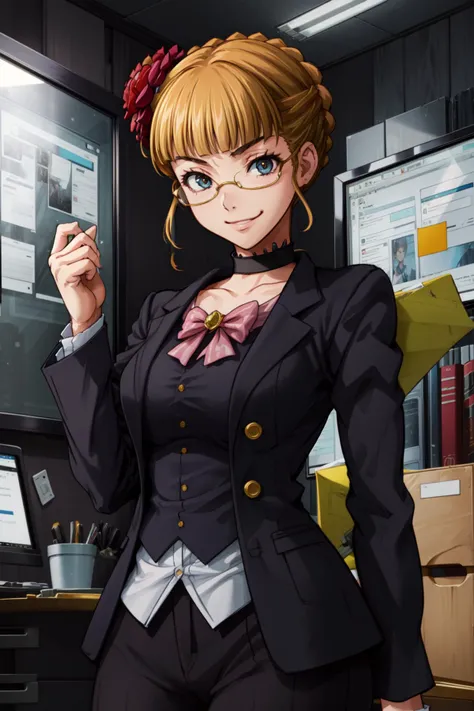 masterpiece,best quality,1girl,beatrice,hair flower,choker,gold-framed eyewear,business suit,office lady,office,smile,<lora:CHAR-Umineko-Beatrice-SOSDAN:0.7>,