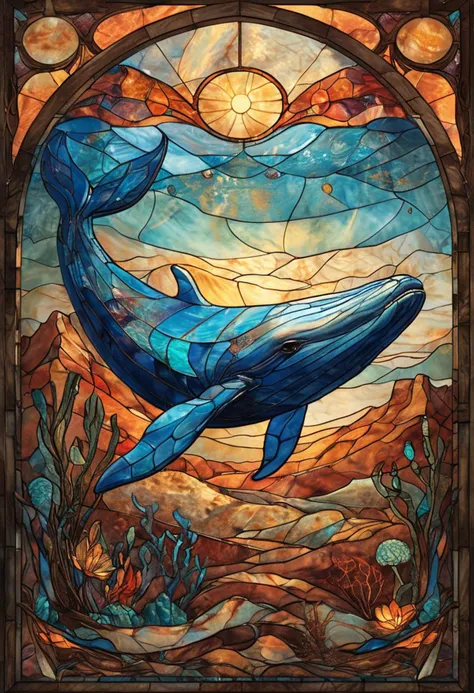 stained glass illustration of whale, desert canyon with mystical carvings, whimsical elements, intricate details, ultra sharp, s...