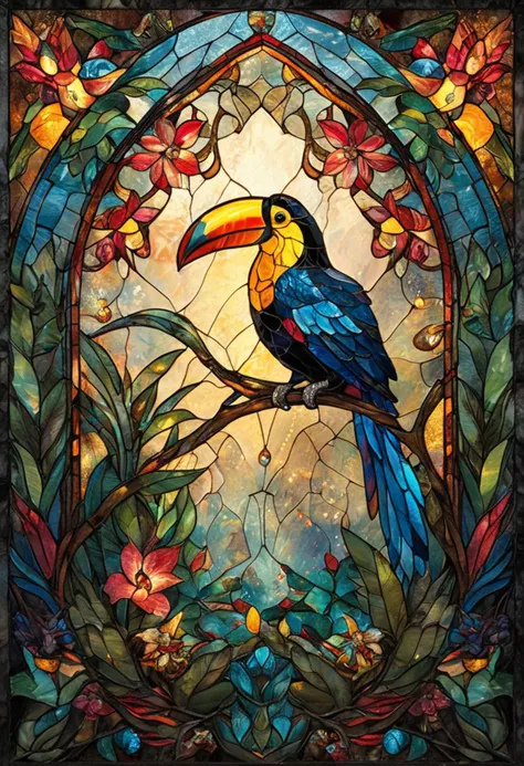 stained glass tucan, tropical cave with magical creatures, whimsical elements, intricate details, ultra sharp, soft textures, ex...