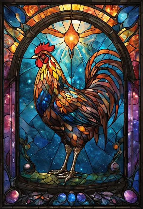 stained glass chicken, galactic port with alien traders, whimsical elements, intricate details, ultra sharp, soft textures, exqu...