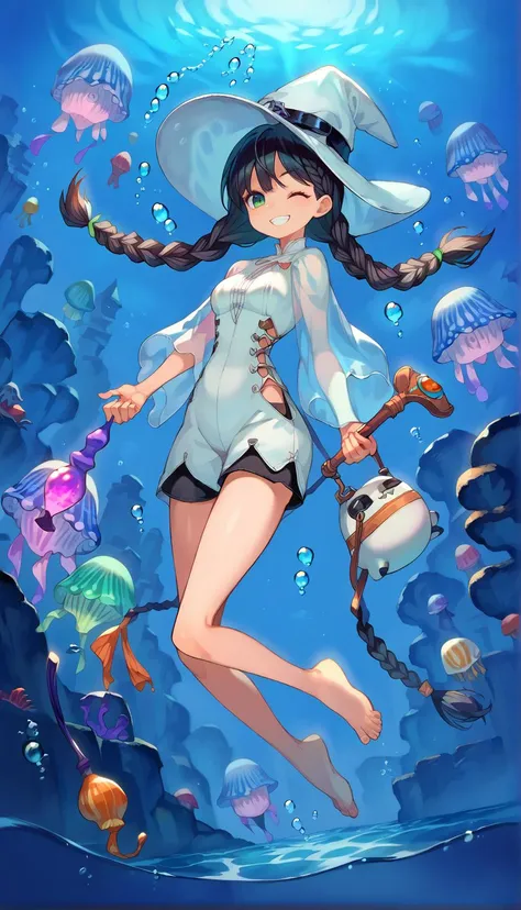 a cartoon girl in a white hat and a white dress is floating in the ocean