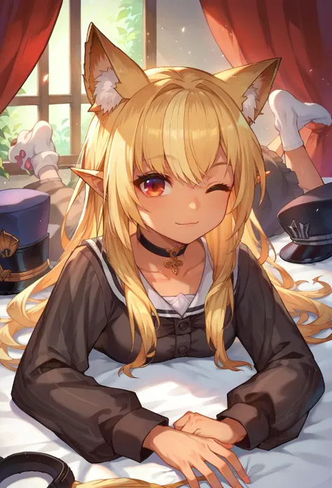 anime girl with long blonde hair and cat ears sitting on a bed