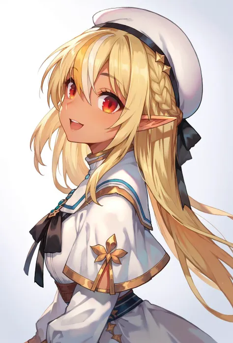 a close up of a woman with long blonde hair wearing a sailor outfit