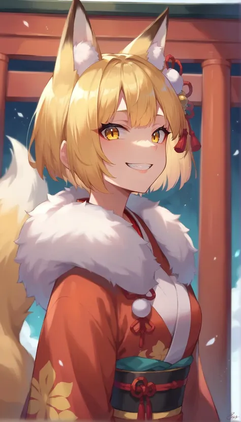 score_9, score_8_up, score_7_up, score_6_up, source anime, BREAK,
selkie, 1girl, tail, animal ears, blonde hair, fox tail, fox ears, solo, fur trim, yellow eyes, bangs, shiny hair, kimono, hair ornament, shiny, multicolored hair, long sleeves, short hair, ...