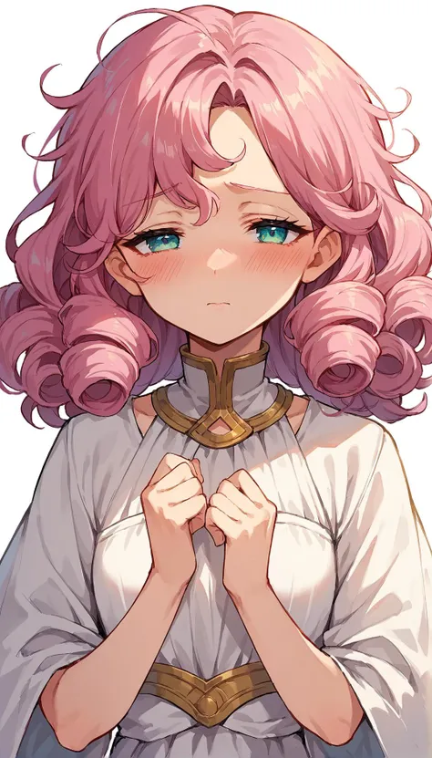 score_9, score_8_up, score_7_up, score_6_up, source anime, rating questionable, 1girl, blush, half-closed eyes, upper body, white dress, looking at viewer, pink hair, curly hair, shy, gold trim