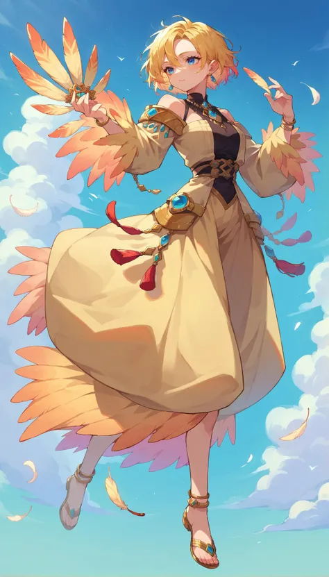 score_9, score_8_up, score_7_up, score_6_up, source anime, 
1girl, solo, blonde hair, earrings, jewelry, gold|feather trim, multicolored hair, gradient hair, short hair,
whorled clouds, blue sky, full body,