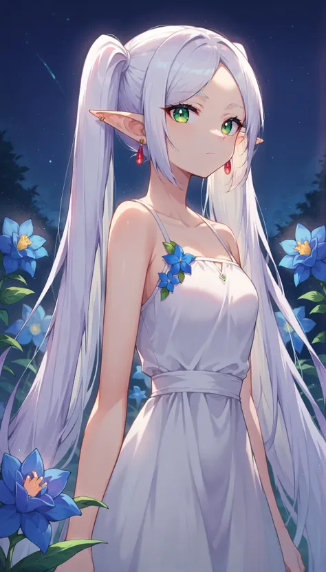 a woman with long white hair and green eyes standing in a field of flowers