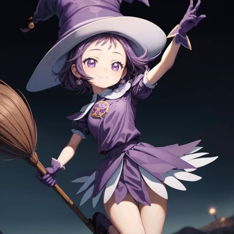 masterpiece,beautiful,high quality,1girl,cute ,detailed face,young,<lora:more_details:0.5>, <lora:segawa-onpu-witch:1>,ojsgwopmgc ,witch hat,purple dress, purple skirt, short skirt, puffy sleeves, purple gloves, smile,breast,flying broom,on a broom,flying