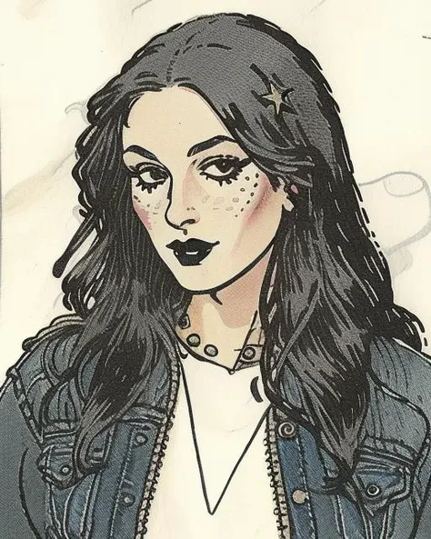 <lora:JarringlyWholesome:1> illustration, jarringlywholesome close portrait of a sexy goth woman with long hair, wearing , studded goth, denim jacket with flair pins