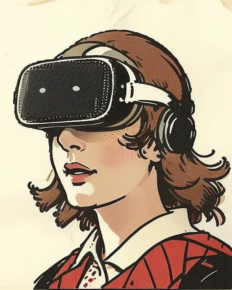 <lora:JarringlyWholesome:1> illustration,  jarringlywholesome close shot portrait, woman wearing VR headset and headphones, virtual reality, cinematic