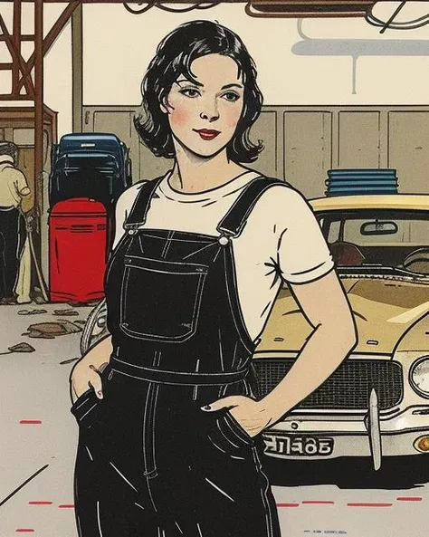 <lora:JarringlyWholesome:1> illustration,  jarringlywholesome close shot portrait, sexy black hair woman, wearing coveralls, standing in a mechanic garage, with ford mustangs cinematic