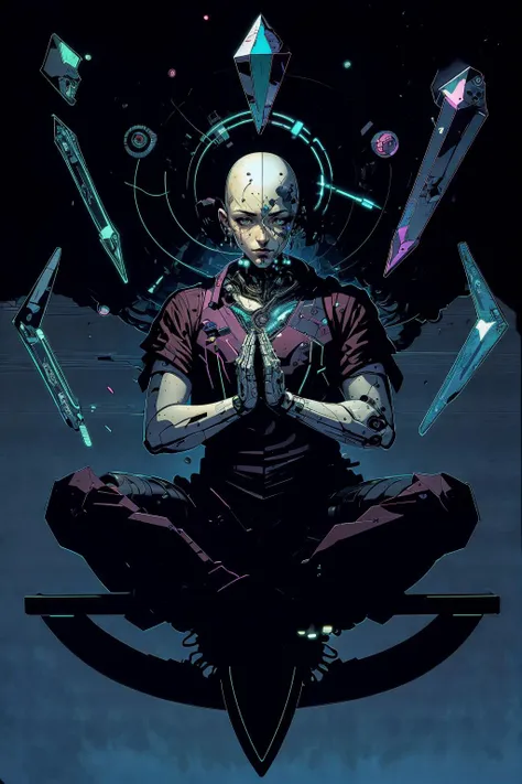 a man sitting in a lotus position with a sword and a sword in his hand