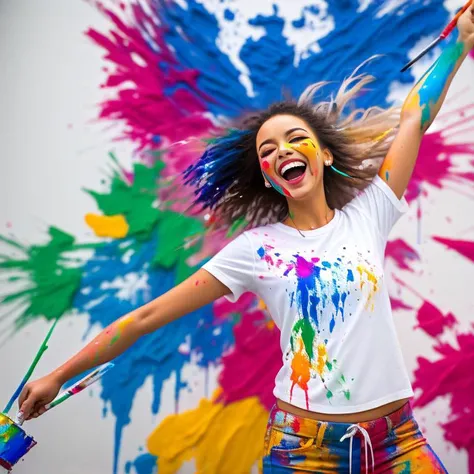 A photo of a young woman wearing a plain white T-shirt, now transformed into a work of abstract art with vivid paint splatters. She stands in a backyard, surrounded by canvases, buckets of paint, and paintbrushes. With a mischievous grin, she playfully fli...