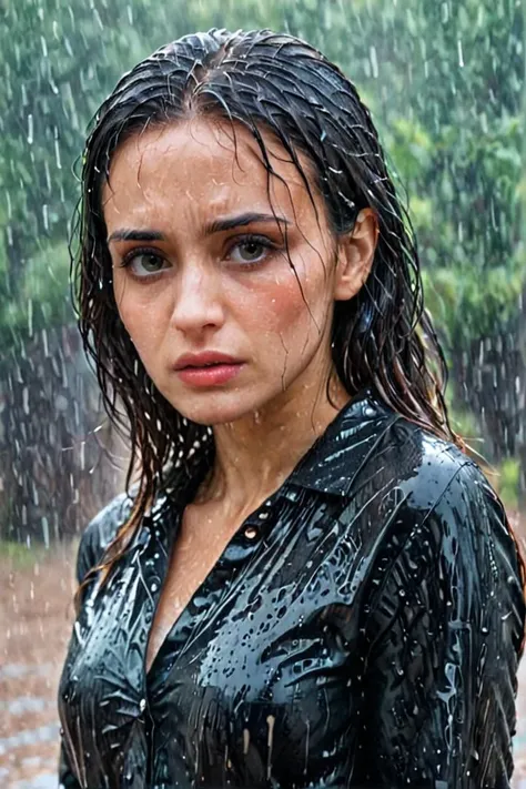 arafed woman in wetsuit standing in the rain with trees in the background