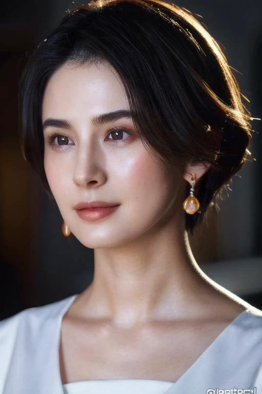 a woman with a white dress and earrings posing for a picture