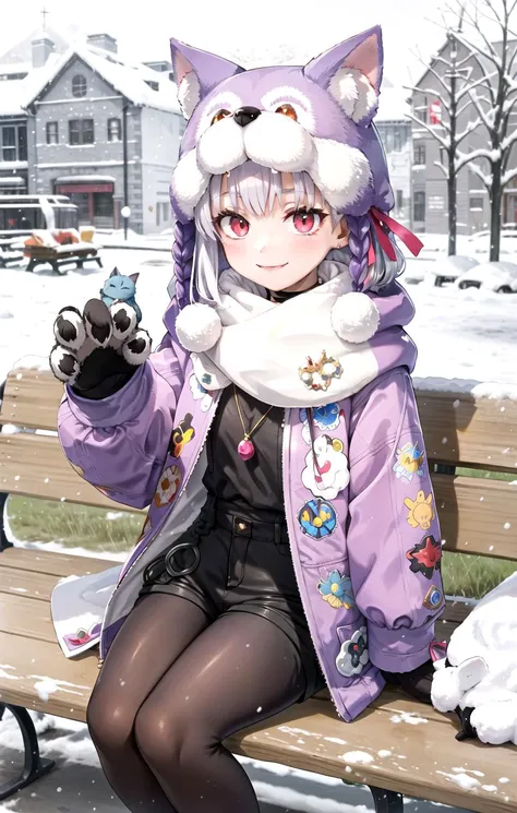 anime girl sitting on a bench in the snow with a cat hat