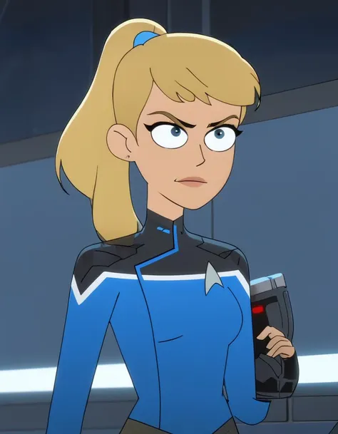 a cartoon picture of a woman in a blue uniform holding a cell phone