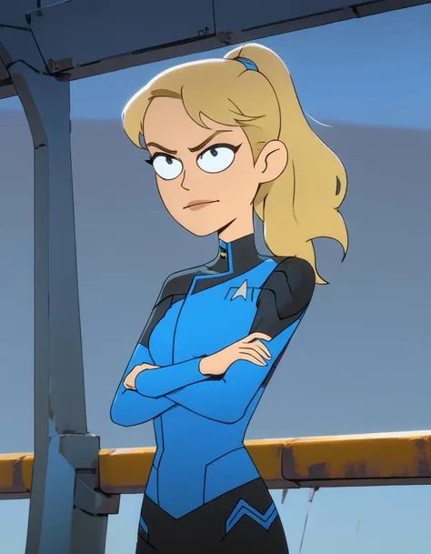 a cartoon of a woman in a blue suit standing on a bridge