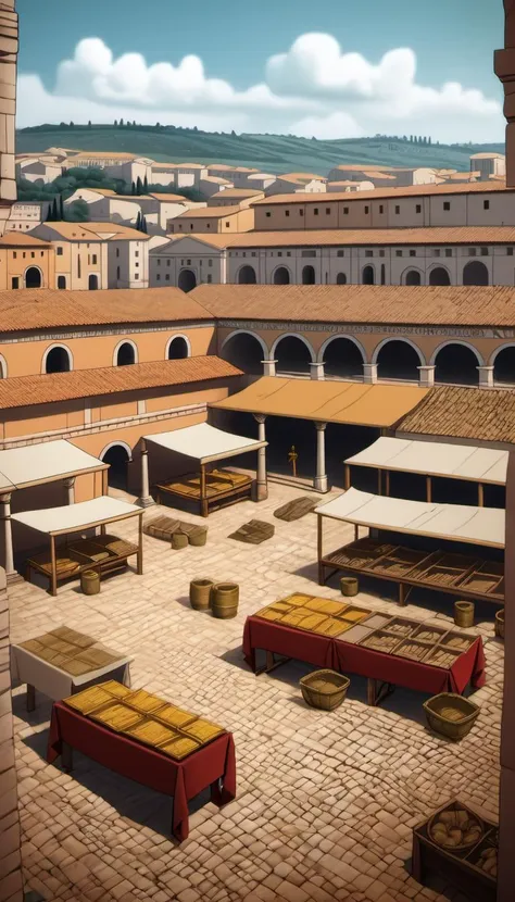 arafed view of a courtyard with tables and benches and a clock tower