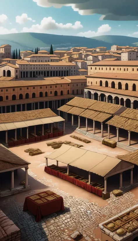 a painting of a courtyard with a lot of tables and benches